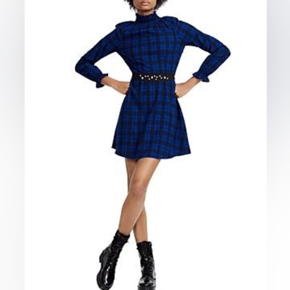 Maje Rivine Blue Plaid Mini Dress Size XL (4)